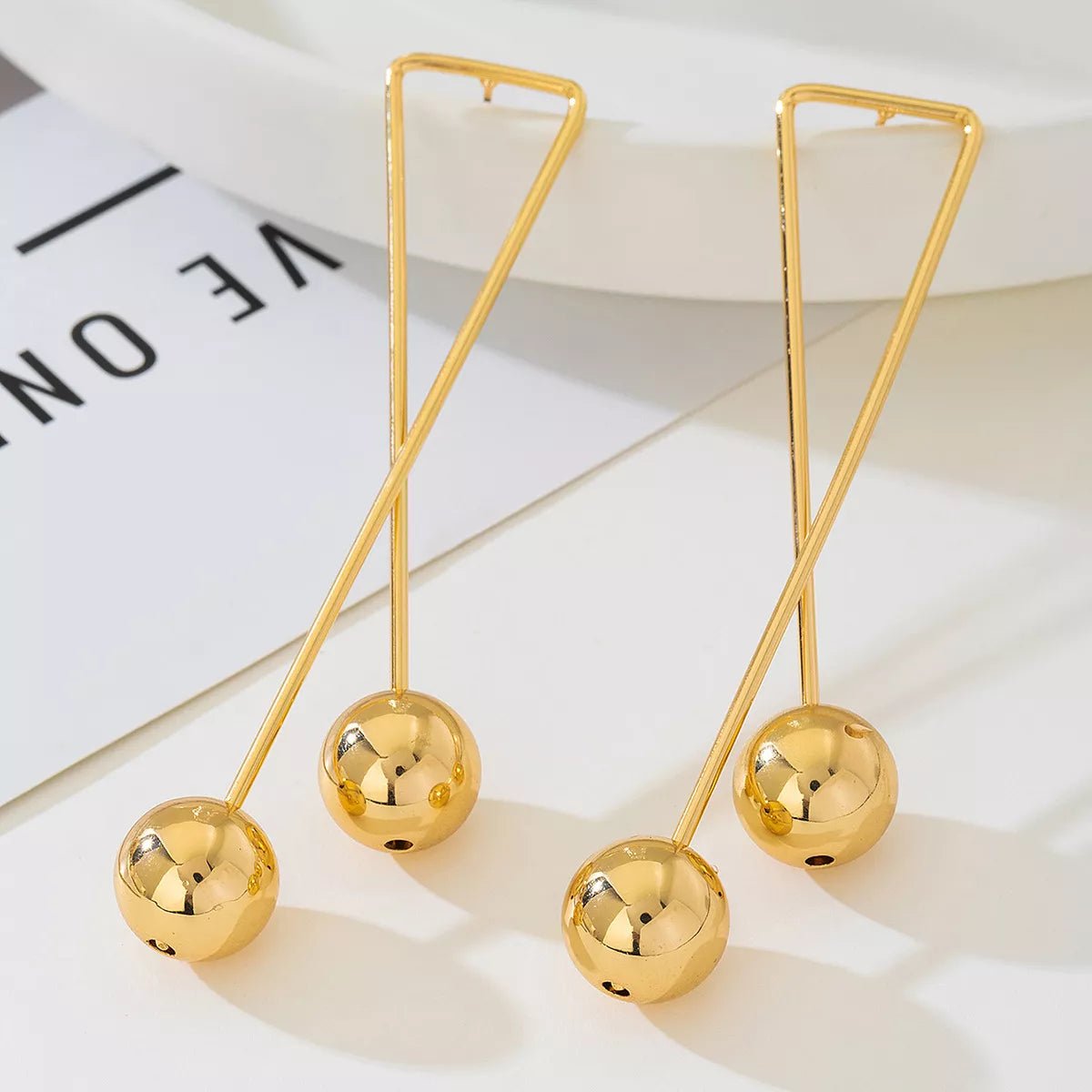 Modern Geometric Triangle Gold Ball Drop Earrings - MYSTIQOR