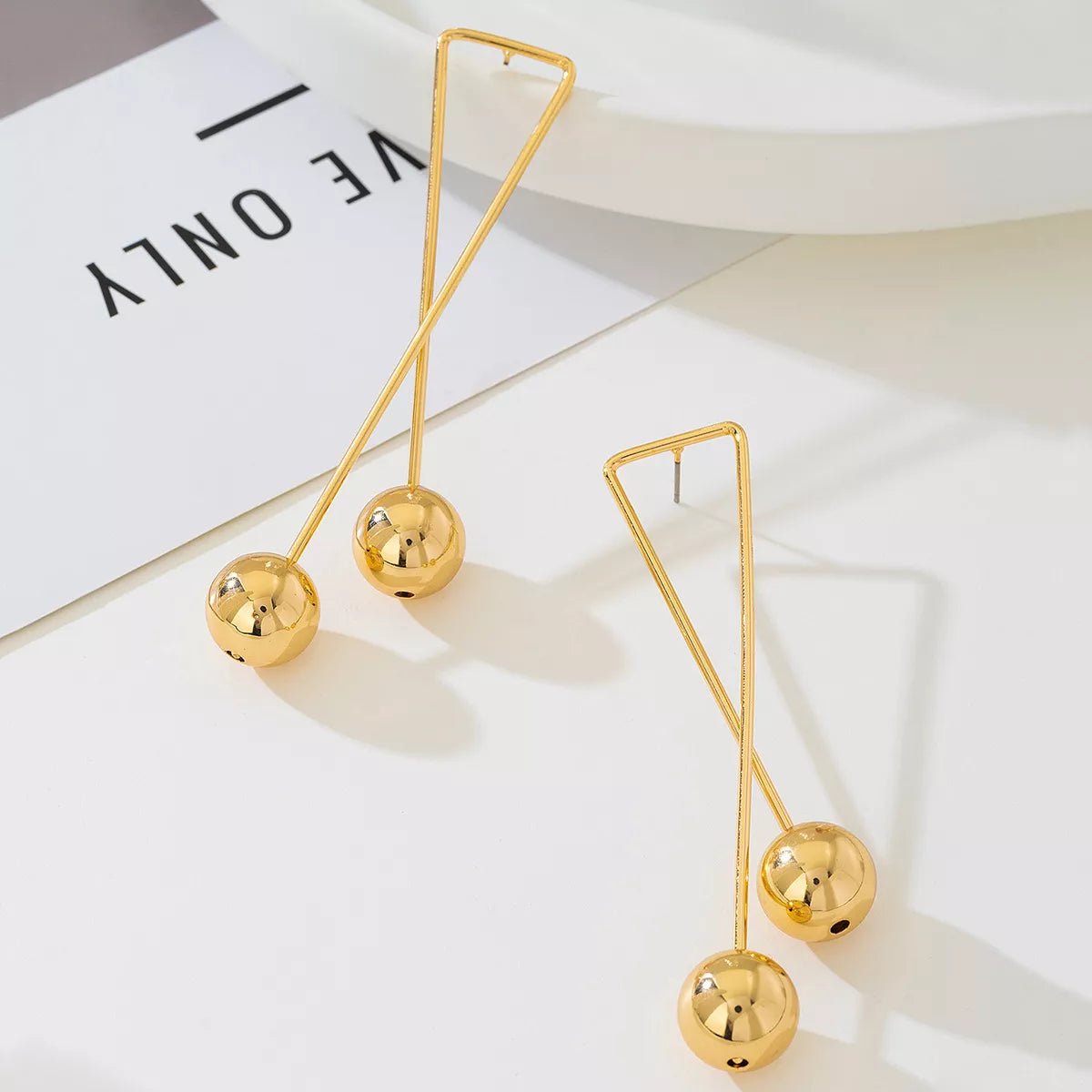Modern Geometric Triangle Gold Ball Drop Earrings - MYSTIQOR